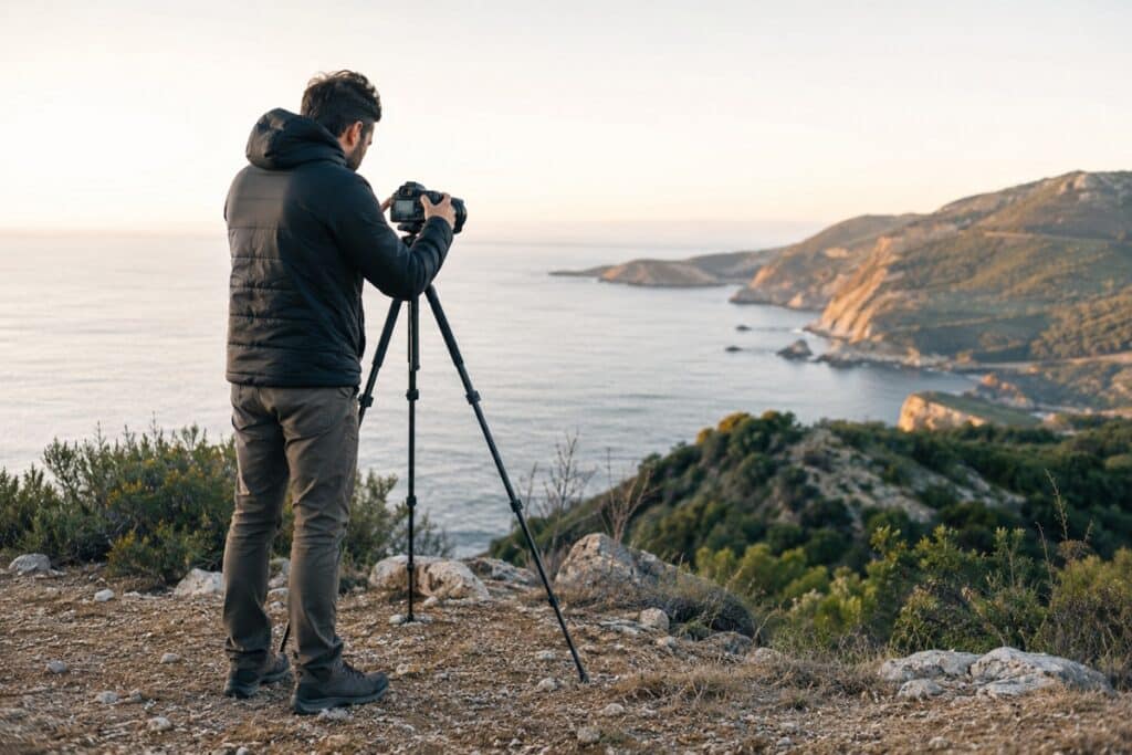 photographe qui règle la hauteur de son trépied