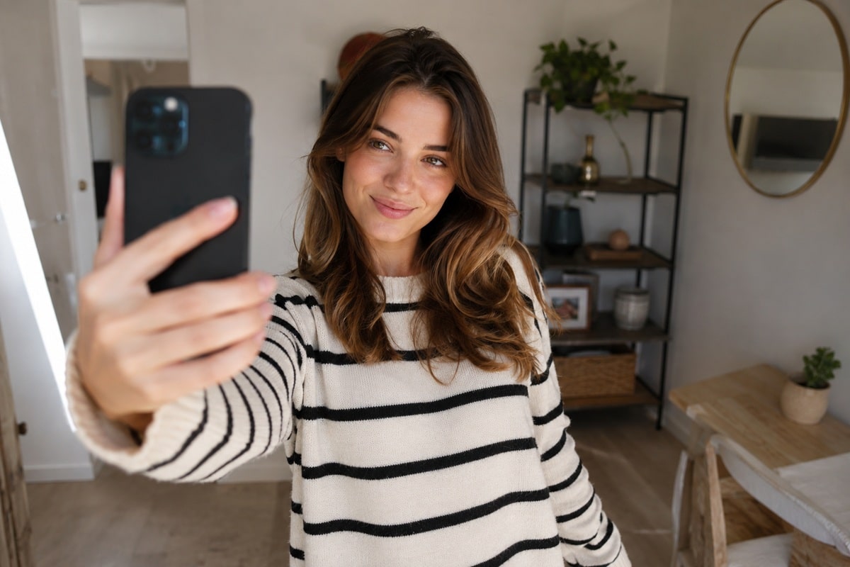 femme se prenant en selfie avec une pause naturelle