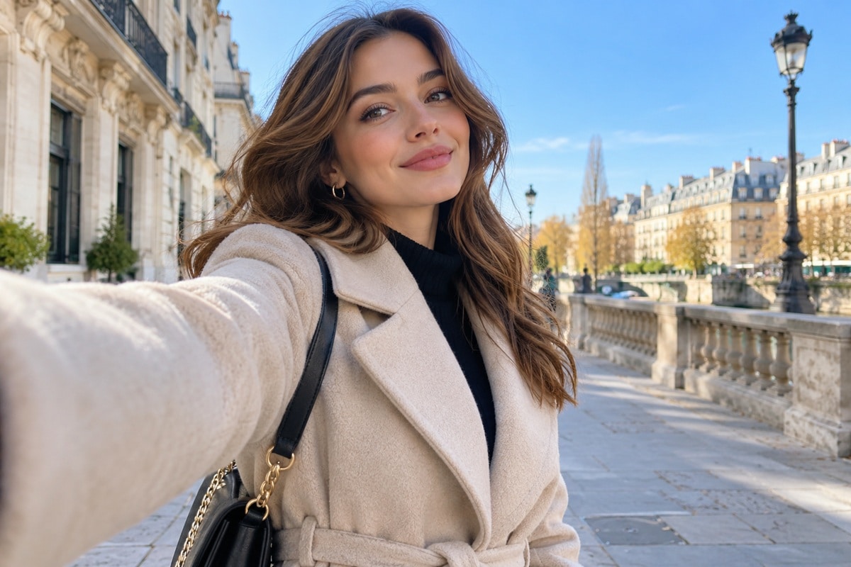 une femme se prend en selfie avec un manteau